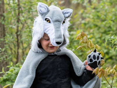Déguisement pour les enfants, une cape avec une Tête de Loup. Parfait pour un anniversaire à thème !