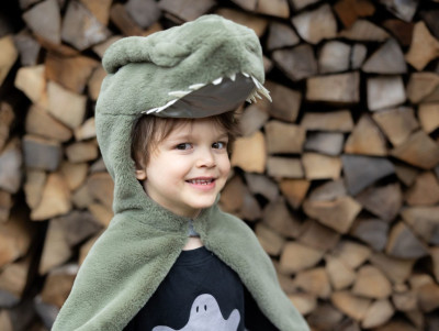 Déguisement pour les enfants, avec une cape doudou Dinosaure. Parfait pour un anniversaire à thème !