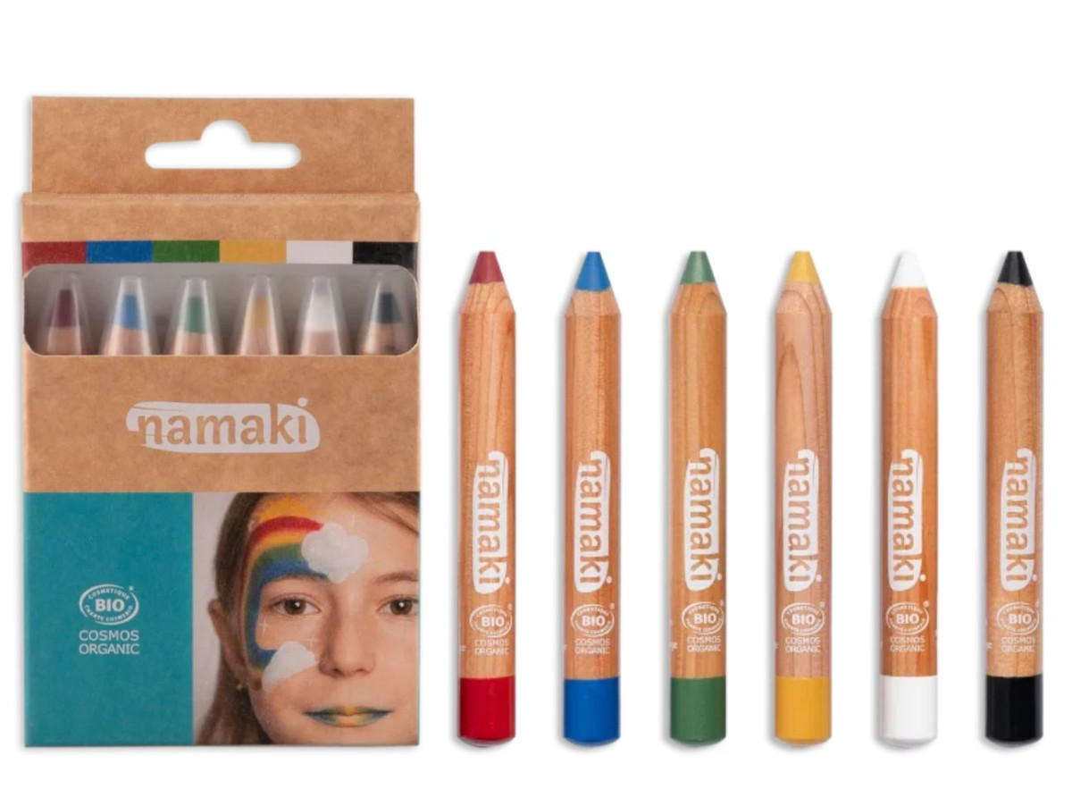 Kit de maquillage avec un joli packaging composé de 6 crayons Arc-en-ciel : Jaune, rouge, blanc, bleu, noir et vert