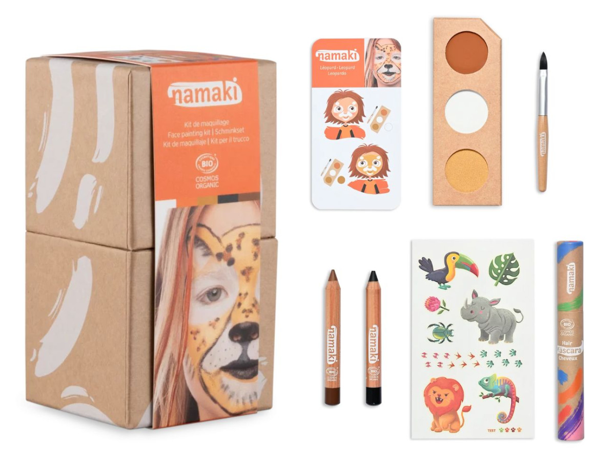 Kit de maquillage avec palette de couleurs, crayons, mascara et tatouages pour les enfants, thème animaux de la jungle