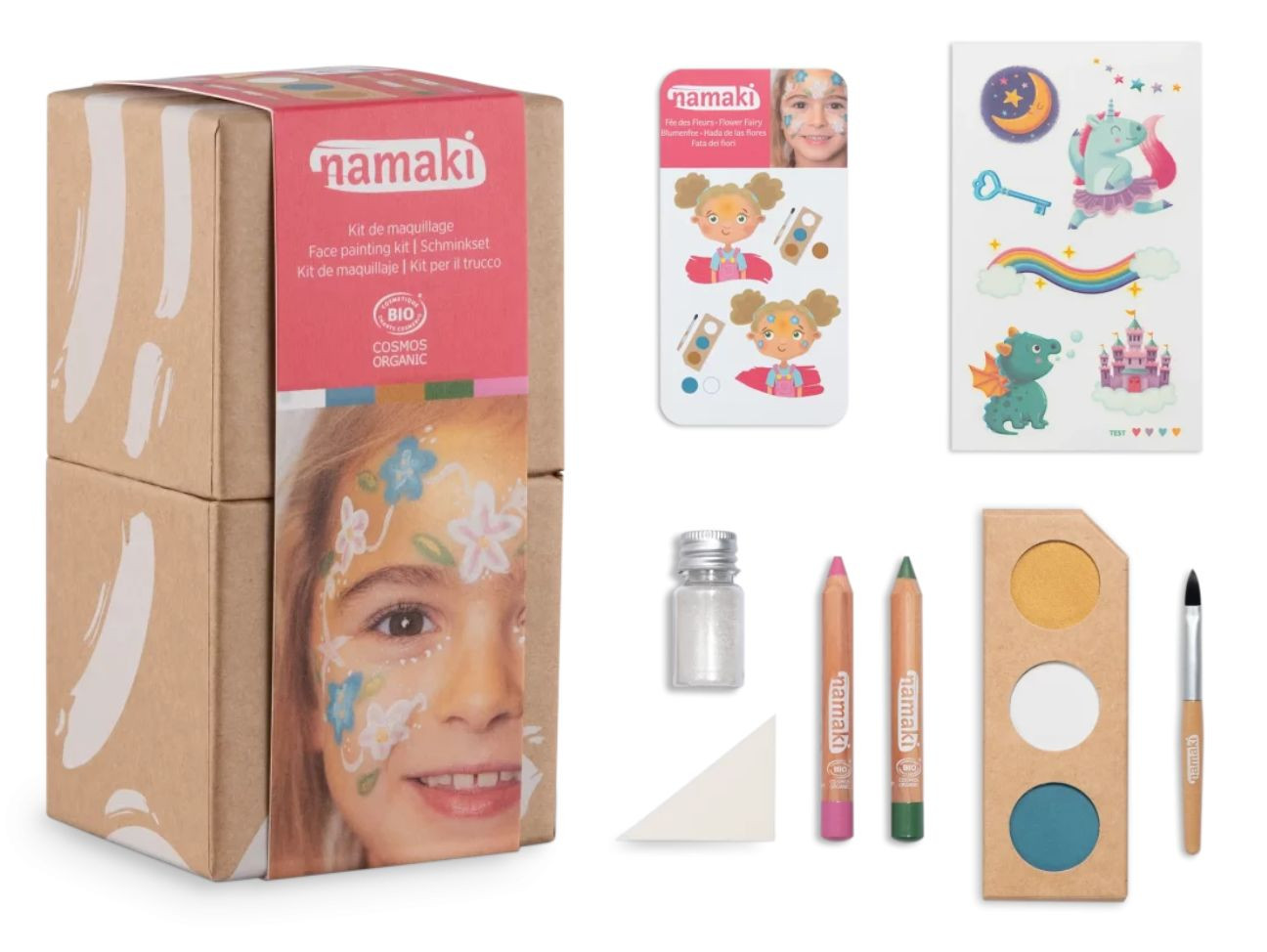 Kit de maquillage avec palette de couleurs, crayons, mascara et tatouages pour les enfants, thème féé