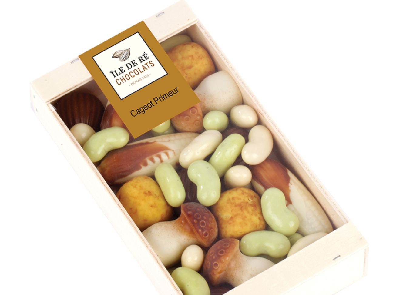 Jolis légumes au chocolat et au praliné dans un cageot en bois : haricots, pommes de terre, champignons... 250g.