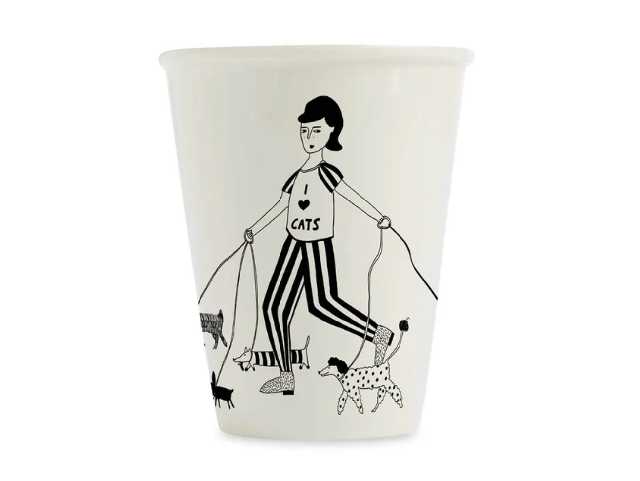 cup porcelaine blanche et noir avec un dessin d'une dame promenant des chats